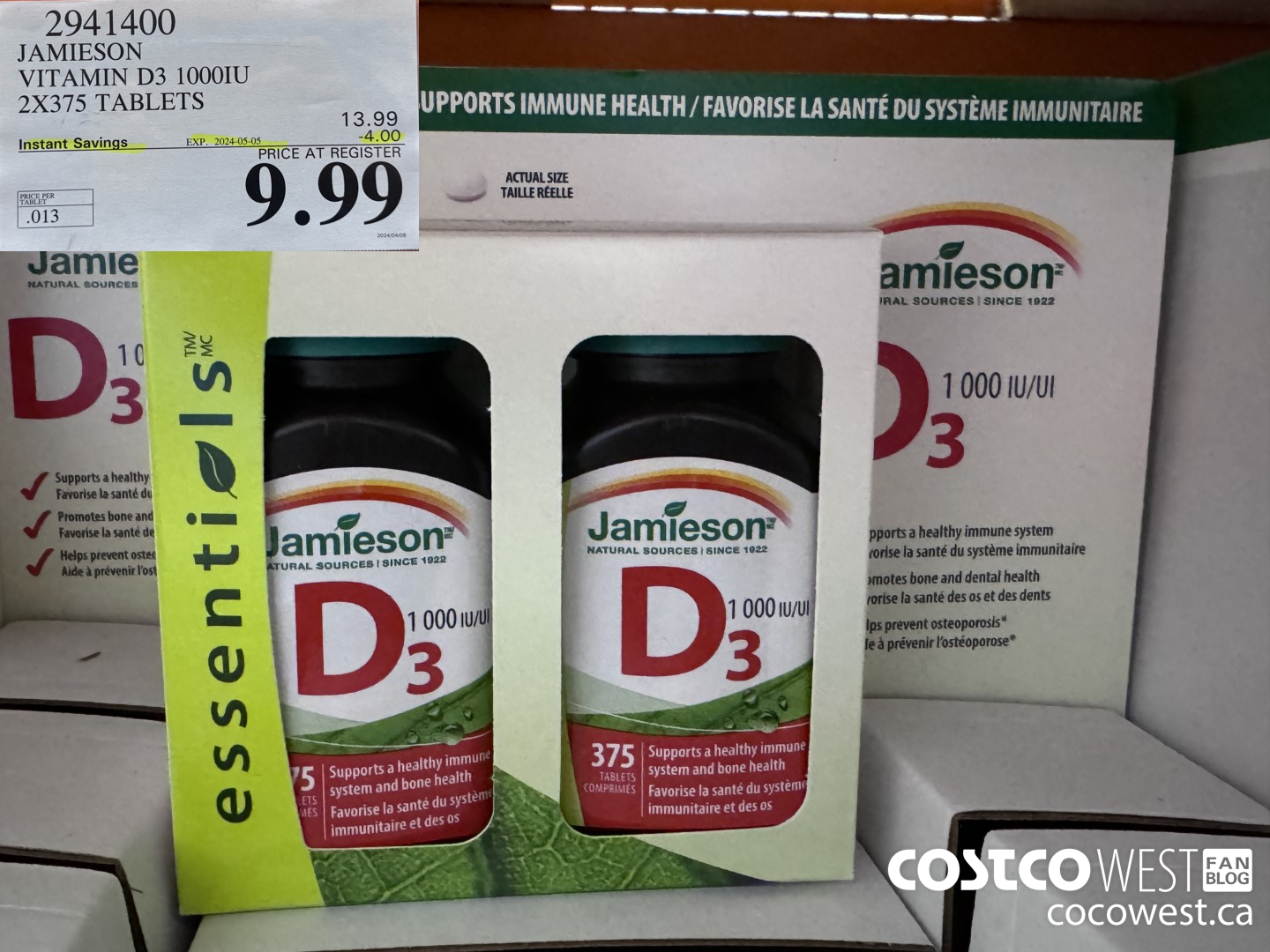 2941400 JAMIESON VITAMIN D3 1000IU 2X375 TABLETS ($4.00 INSTANT SAVINGS EXPIRES ON 2024-05-05) $9.99