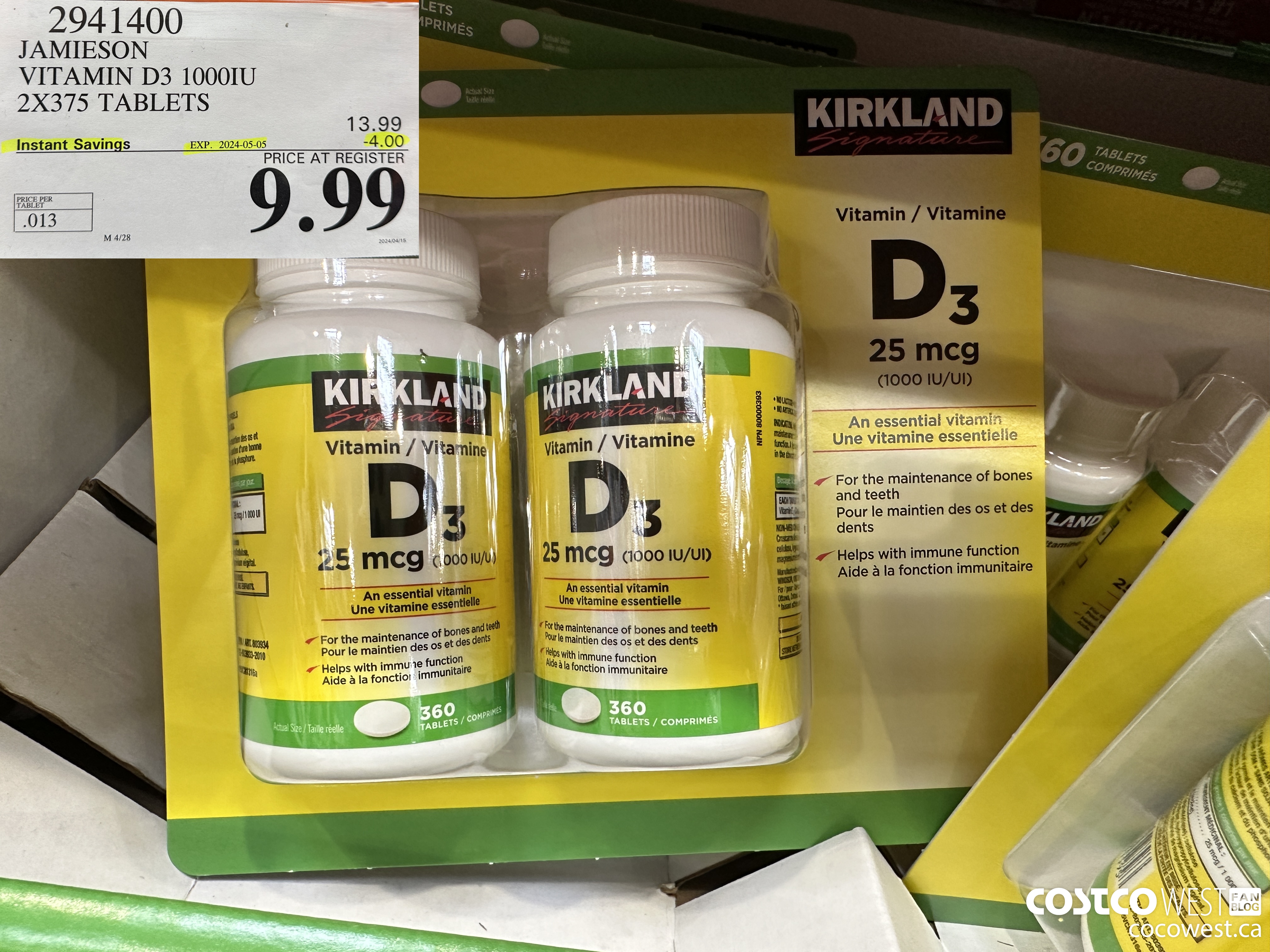 2941400 JAMIESON VITAMIN D3 1000IU 2X375 TABLETS ($4.00 INSTANT SAVINGS EXPIRES ON 2024-05-05) $9.99