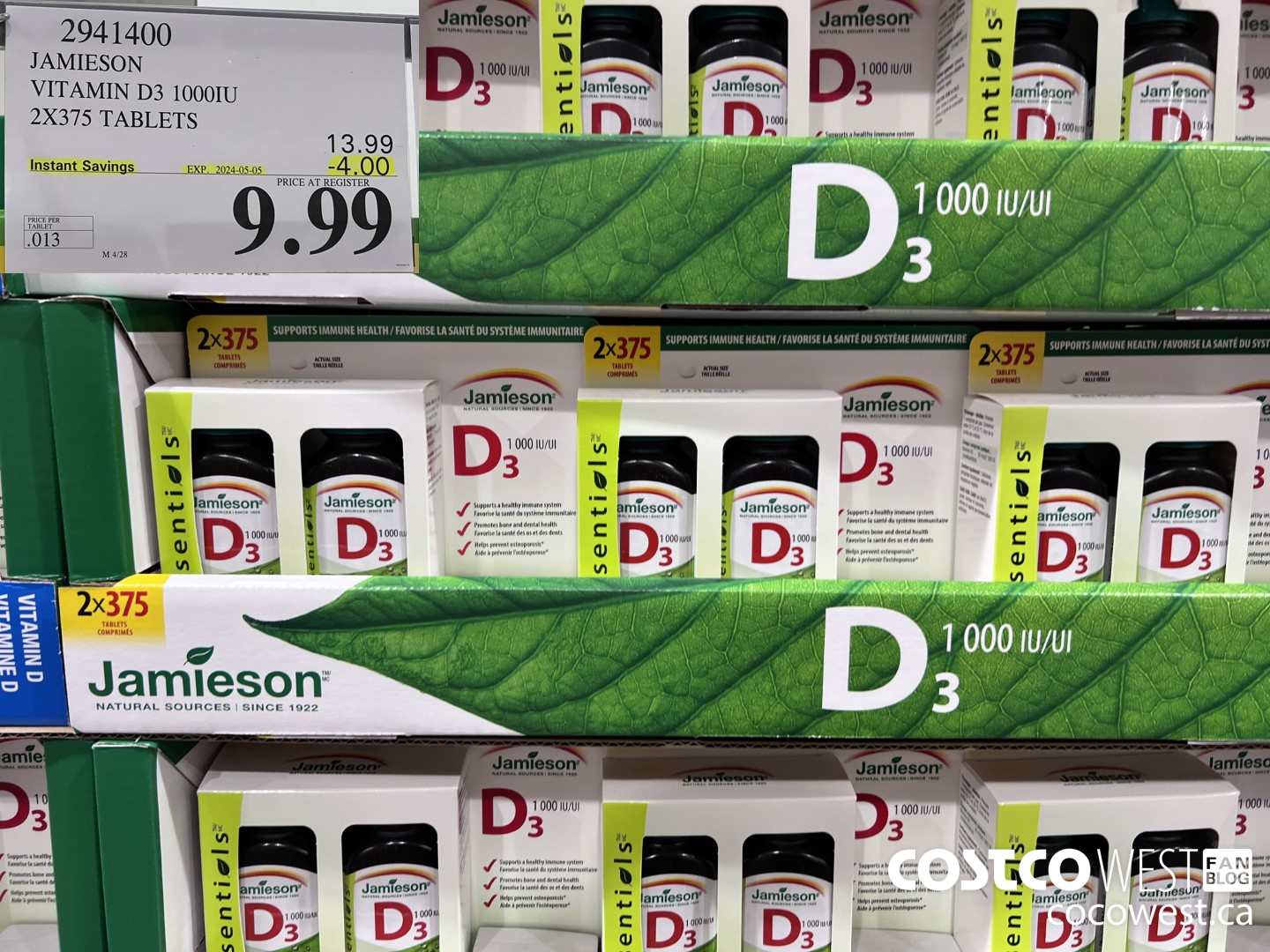 2941400 JAMIESON VITAMIN D3 1000IU 2X375 TABLETS ($4.00 INSTANT SAVINGS EXPIRES ON 2024-05-05) $9.99