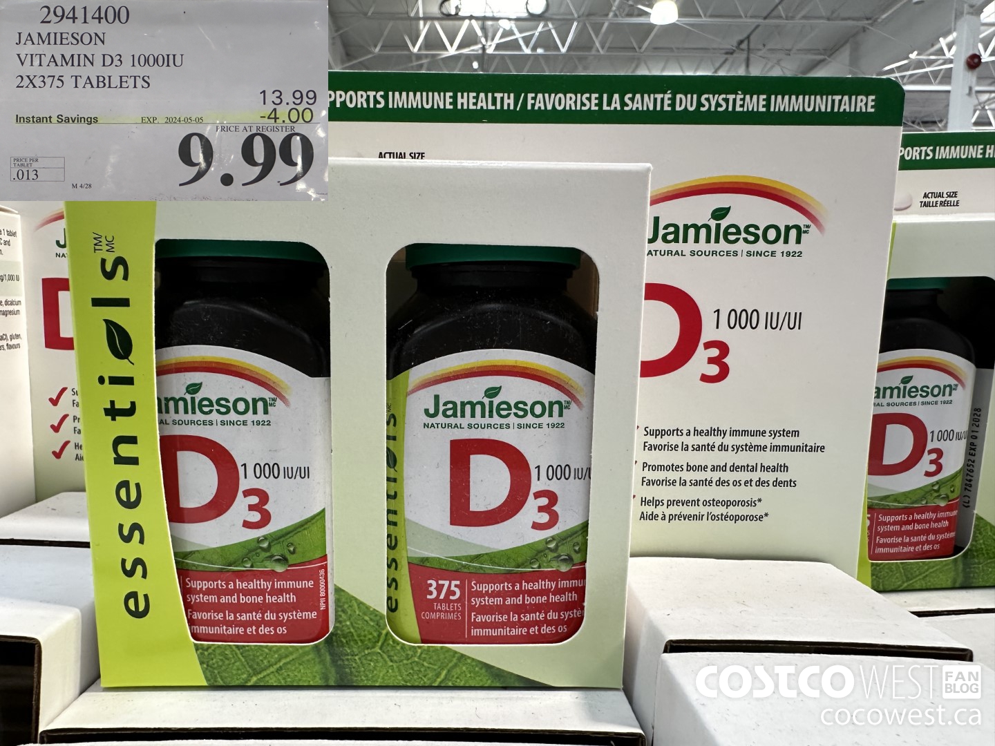2941400 JAMIESON VITAMIN D3 1000IU 2X375 TABLETS ($4.00 INSTANT SAVINGS EXPIRES ON 2024-05-05) $9.99