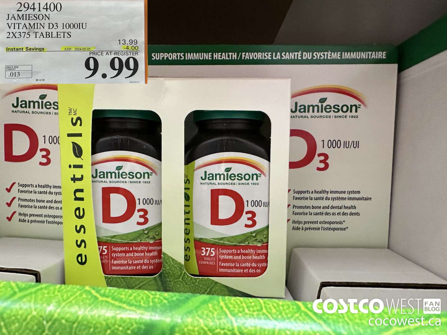 2941400 JAMIESON VITAMIN D3 1000IU 2X375 TABLETS ($4.00 INSTANT SAVINGS EXPIRES ON 2024-05-05) $9.99