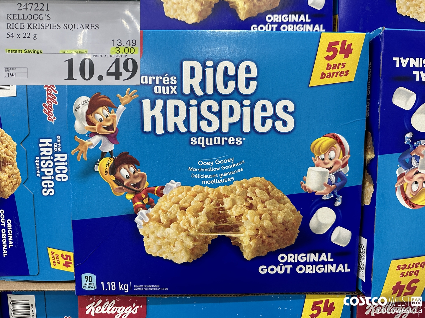 247221 KELLOGG'S RICE KRISPIES SQUARES 54 X 22 G ($3.00 INSTANT SAVINGS EXPIRES ON 2024-04-21) $10.49