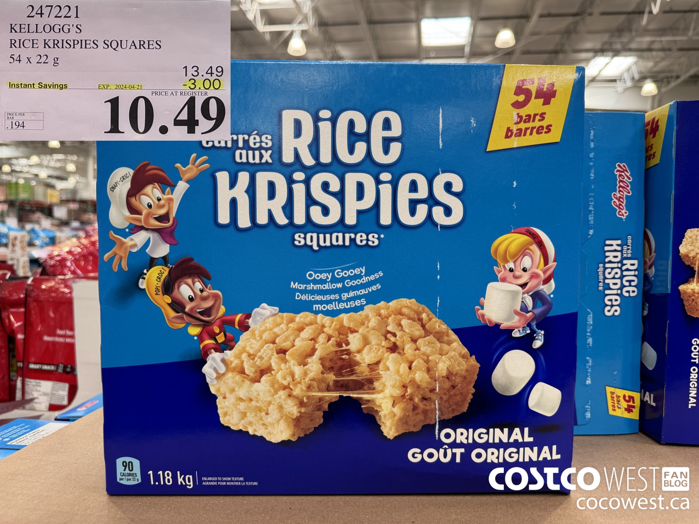 247221 KELLOGG'S RICE KRISPIES SQUARES 54 X 22 G ($3.00 INSTANT SAVINGS EXPIRES ON 2024-04-21) $10.49