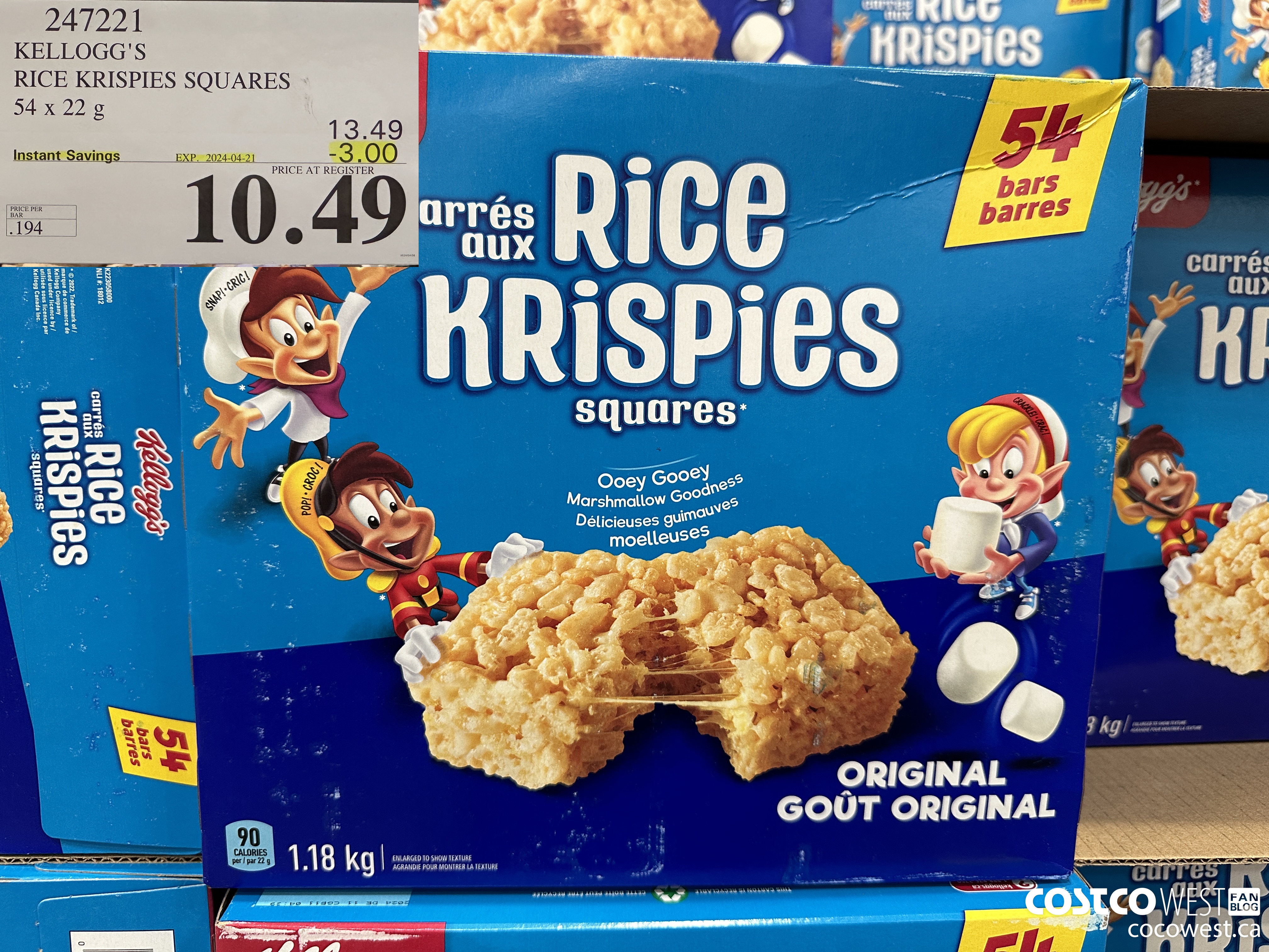 247221 KELLOGG'S RICE KRISPIES SQUARES 54 X 22 G ($3.00 INSTANT SAVINGS EXPIRES ON 2024-04-21) $10.49