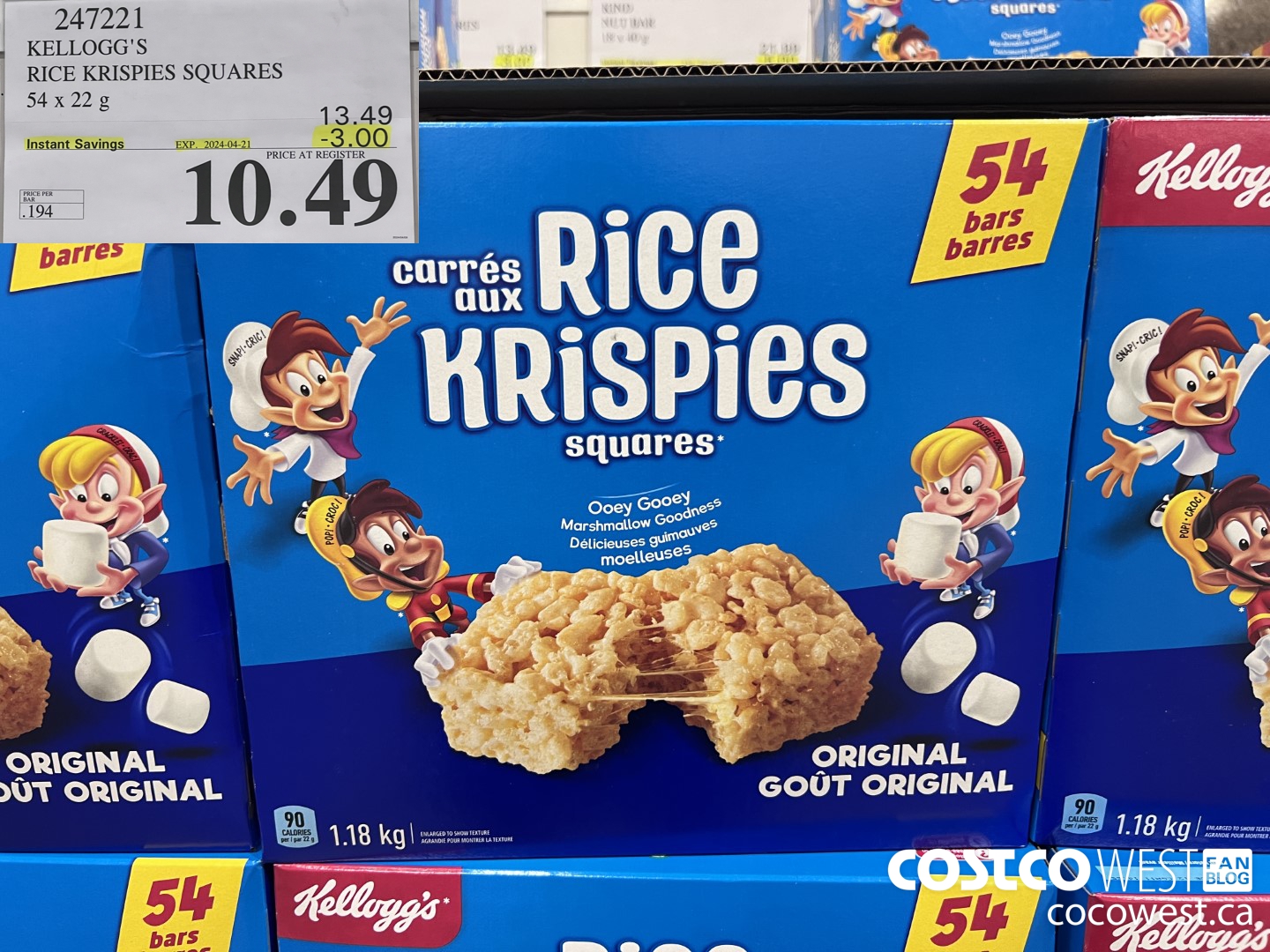247221 KELLOGG'S RICE KRISPIES SQUARES 54 X 22 G ($3.00 INSTANT SAVINGS EXPIRES ON 2024-04-21) $10.49