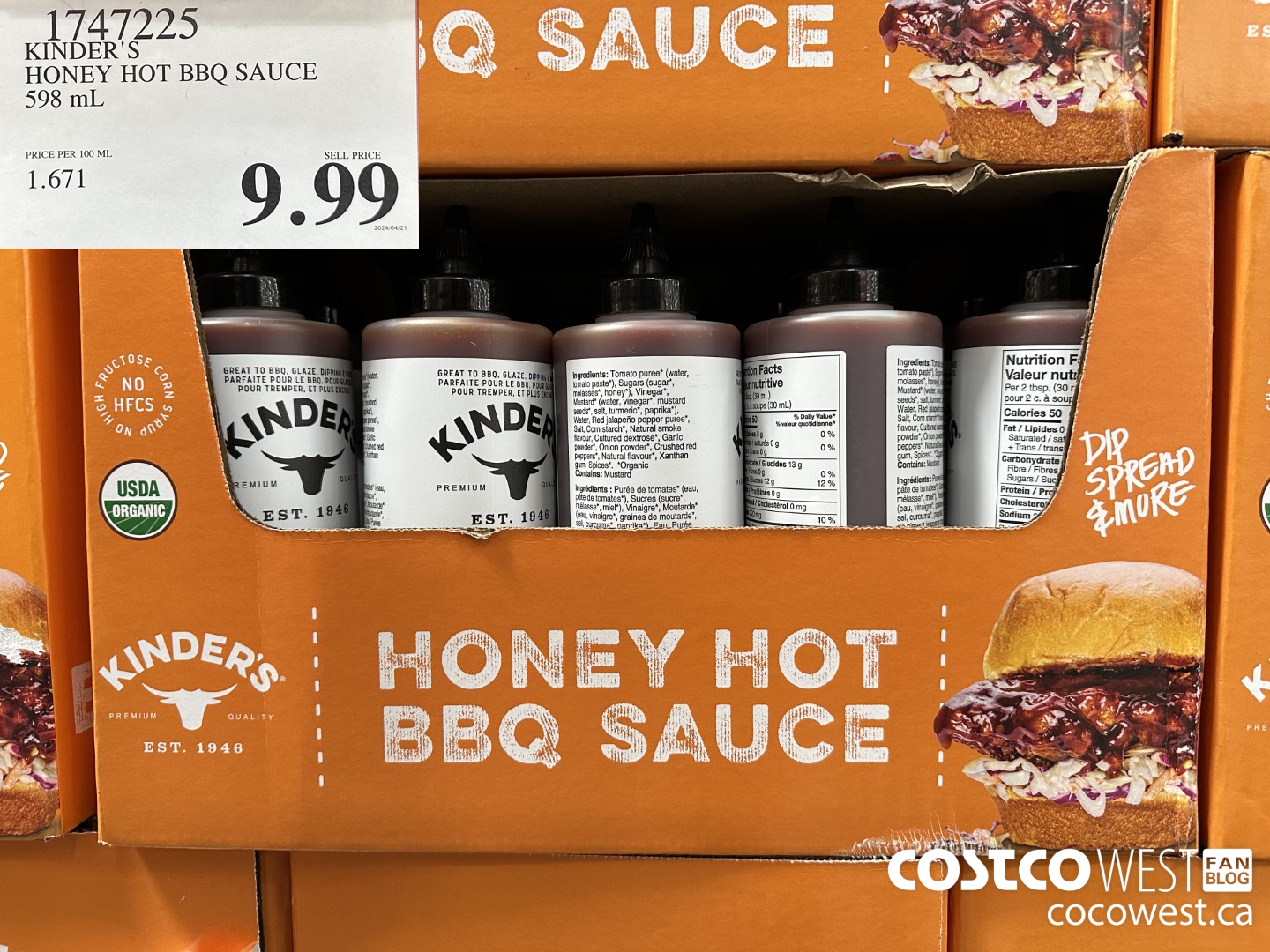 1747225 KINDER'S HONEY HOT BBQ SAUCE 598 ML $9.99