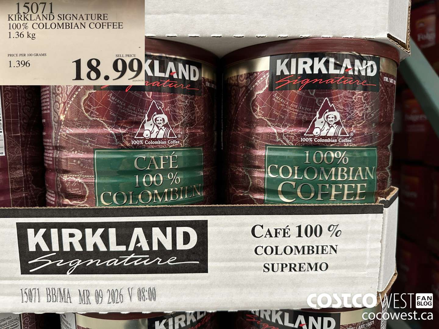 15071 KIRKLAND SIGNATURE 100% COLOMBIAN COFFEE 1.36 KG $18.99
