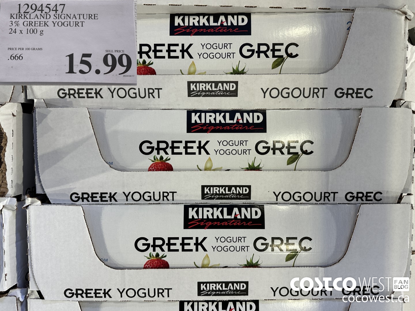 1294547 KIRKLAND SIGNATURE 3% GREEK YOGURT 24 X 100G $15.99