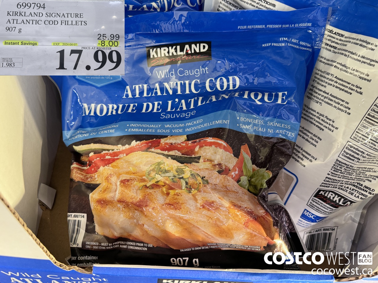 699794 KIRKLAND SIGNATURE ATLANTIC COD FILLETS 907 G ($8.00 INSTANT SAVINGS EXPIRES ON 2024-04-07) $17.99
