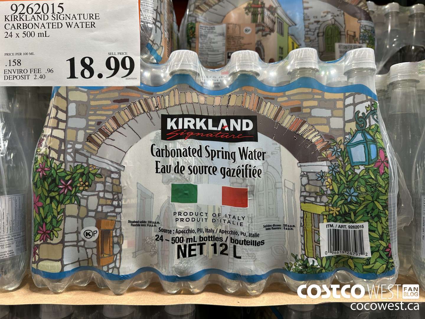 9262015 KIRKLAND SIGNATURE CARBONATED WATER 24 x 500 mL $18.99