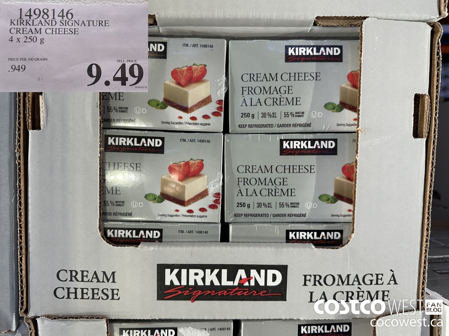 1498146 KIRKLAND SIGNATURE CREAM CHEESE 4 x 250g $9.49