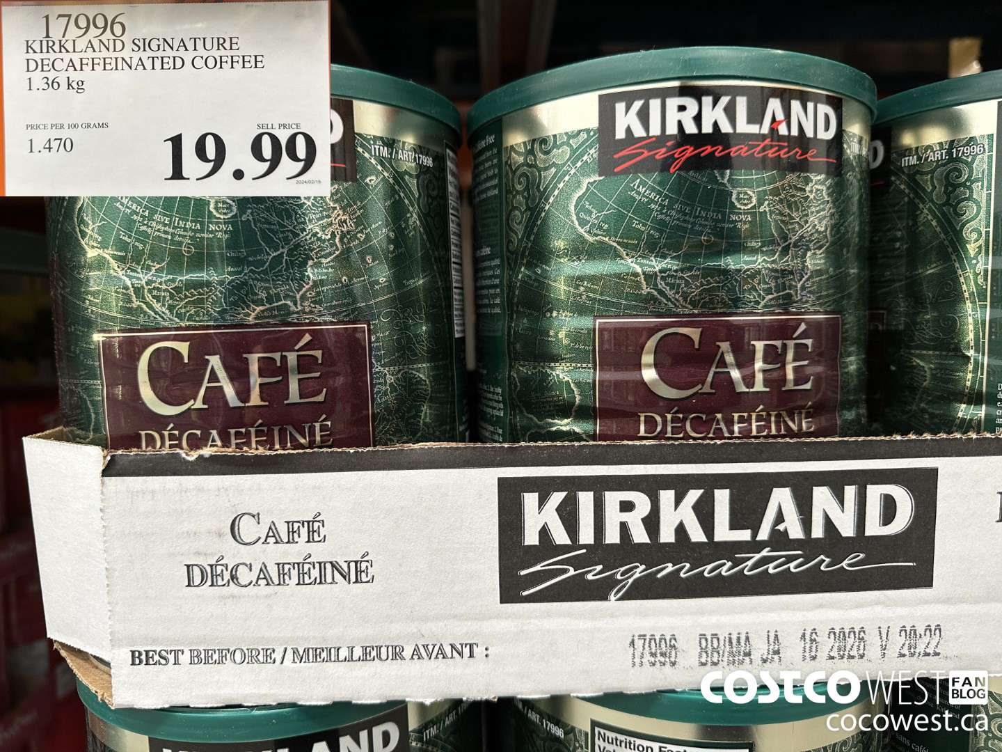 17996 KIRKLAND SIGNATURE DECAFFEINATED COFFEE 1.36 KG $19.99