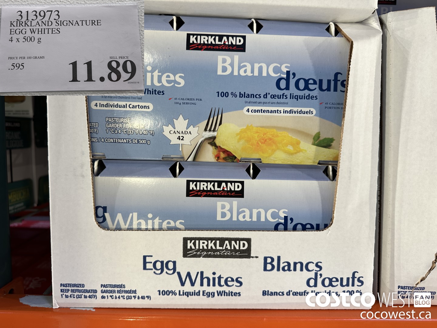 313973 KIRKLAND SIGNATURE EGG WHITES 4 X 500 G $11.89