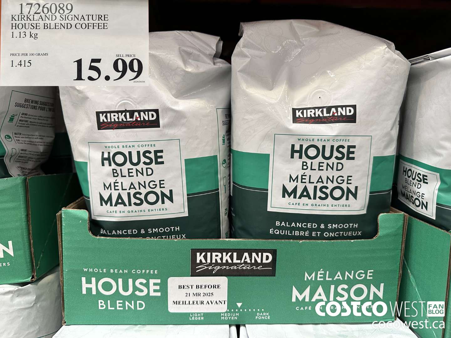 1726089 KIRKLAND SIGNATURE HOUSE BLEND COFFEE 1.13 KG $15.99
