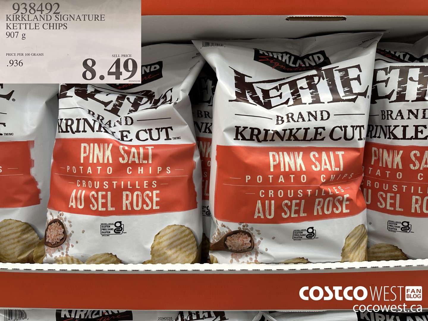 938492 KIRKLAND SIGNATURE KETTLE CHIPS 907G $8.49