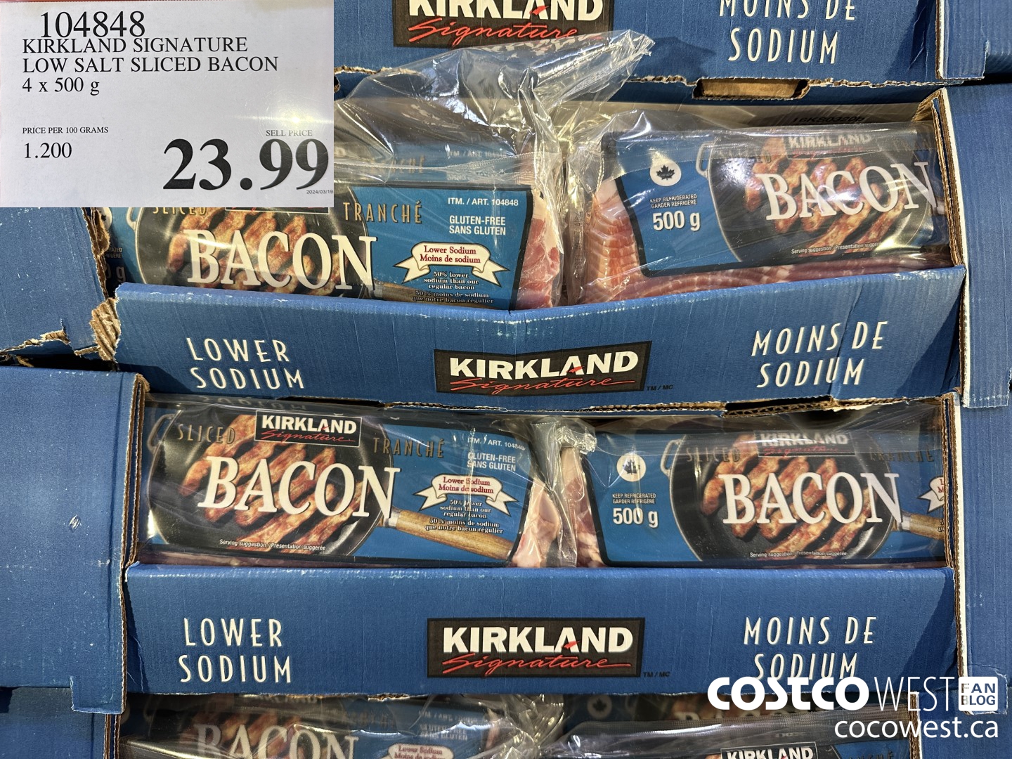 104848 KIRKLAND SIGNATURE LOW SALT SLICED BACON 4 X 500 G $23.99