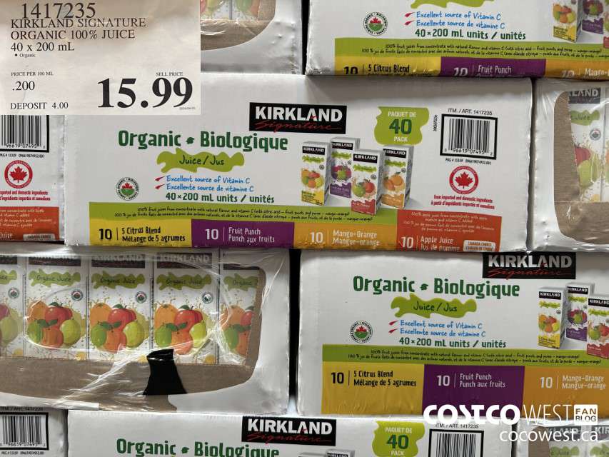 1417235 KIRKLAND SIGNATURE ORGANIC 100% JUICE 40 X 200 ML $15.99