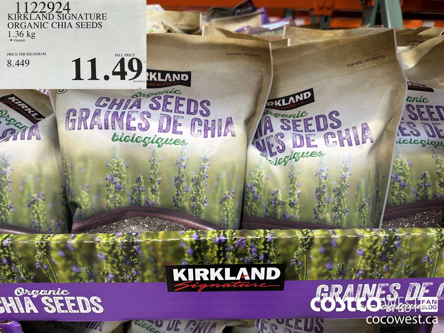 1122924 KIRKLAND SIGNATURE ORGANIC CHIA SEEDS 1.36 KG $11.49