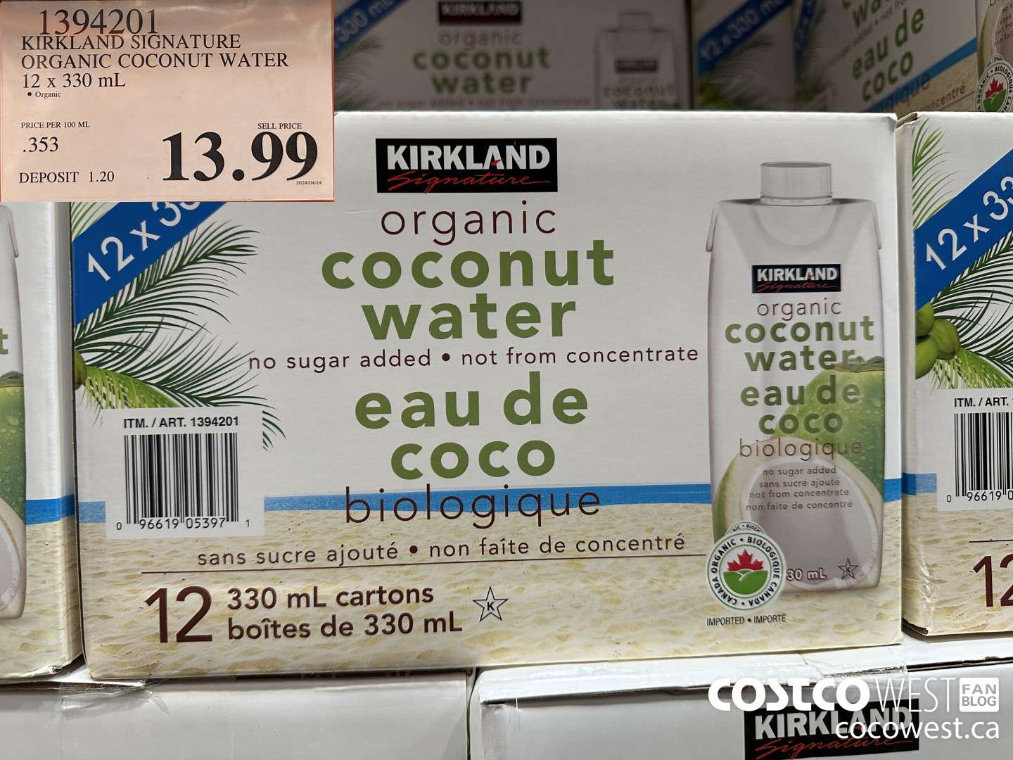 1394201 KIRKLAND SIGNATURE ORGANIC COCONUT WATER 12 X 330 ML $13.99