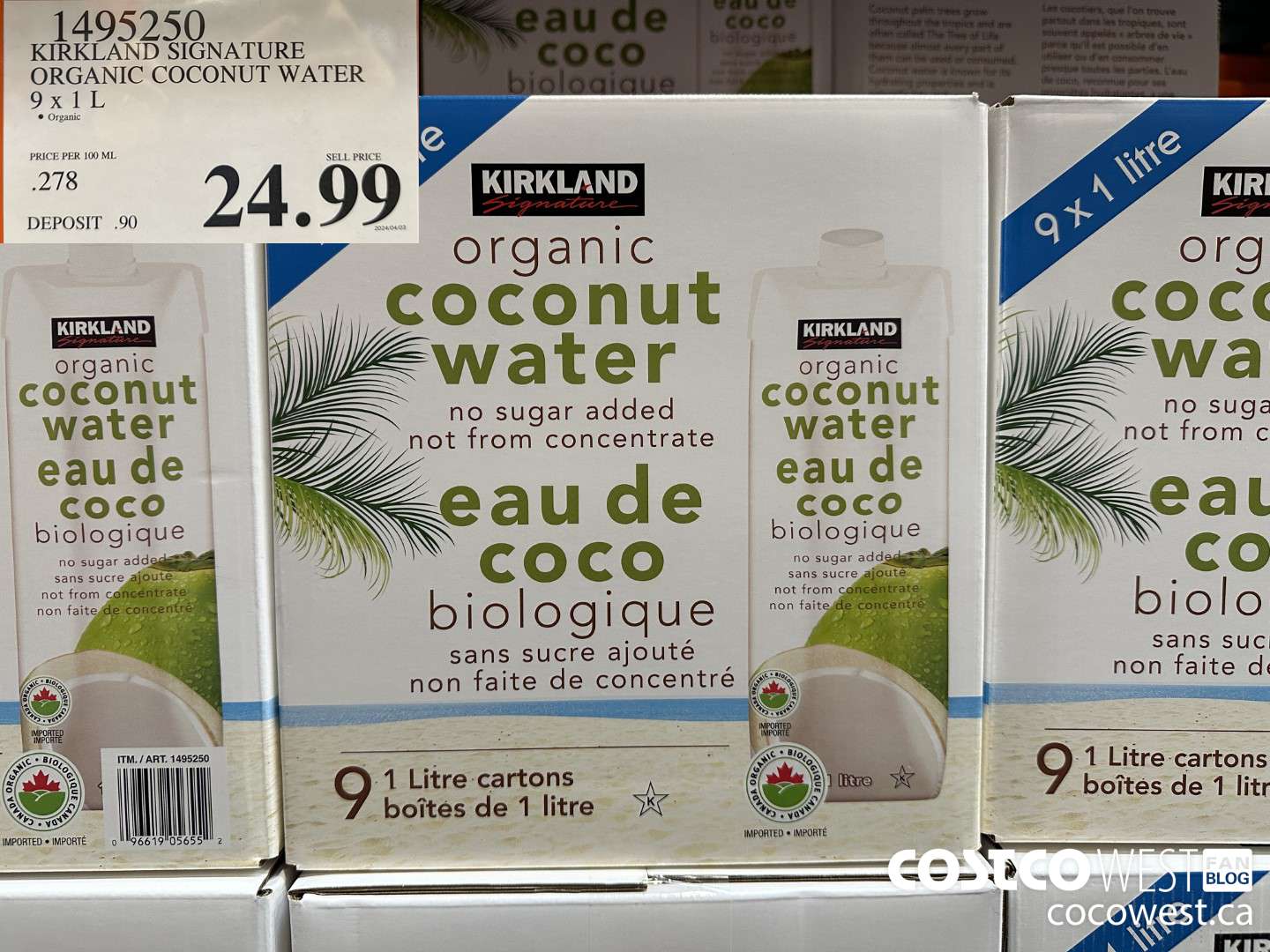 1495250 KIRKLAND SIGNATURE ORGANIC COCONUT WATER 9 X 1L $24.99