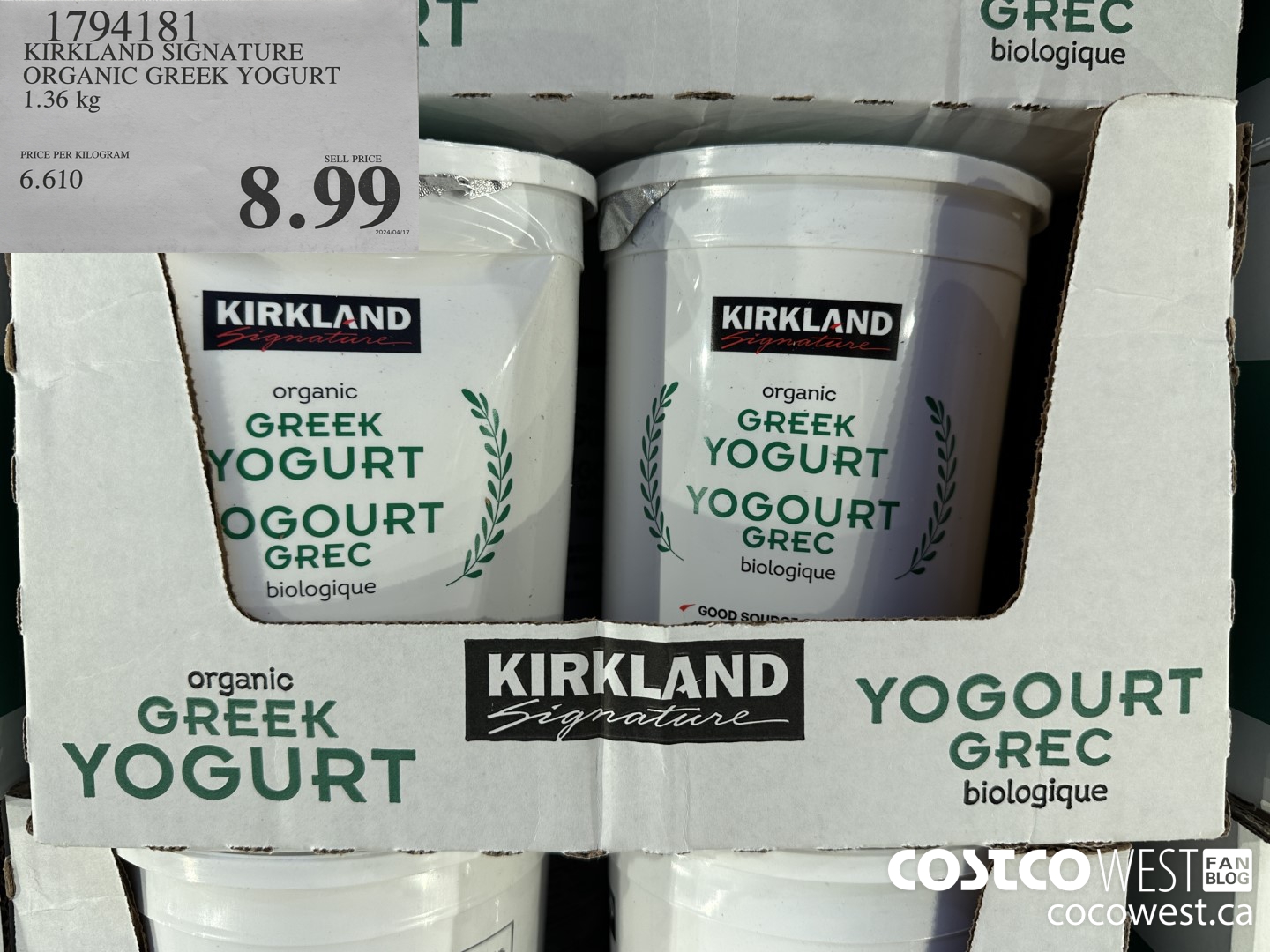1794181 KIRKLAND SIGNATURE ORGANIC GREEK YOGURT 1.36 KG $8.99