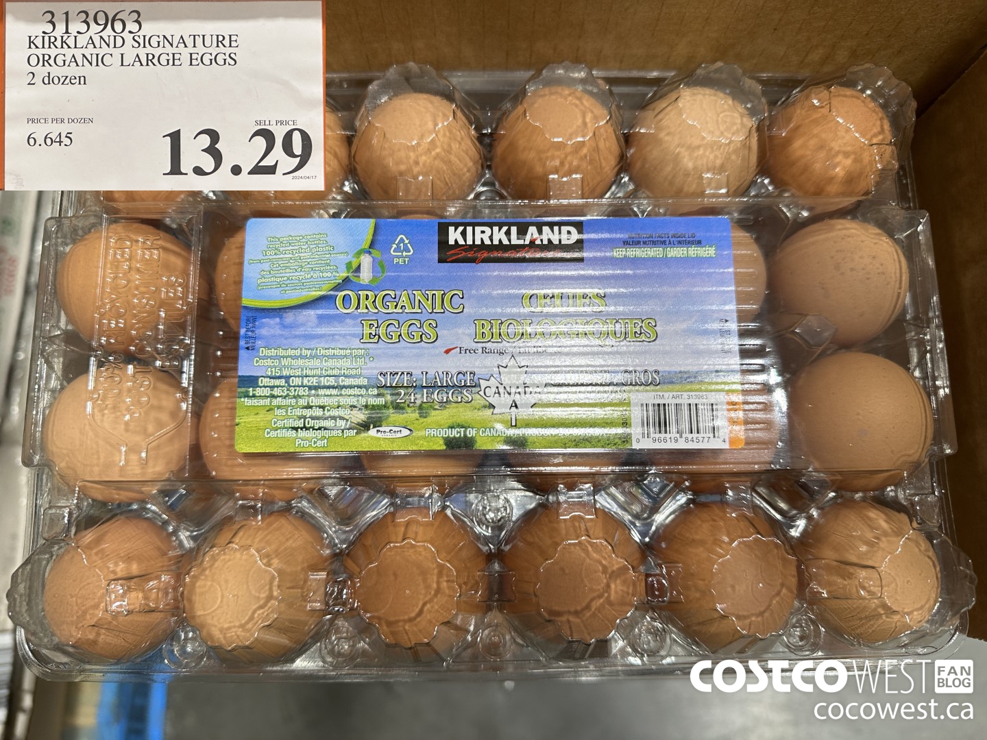 313963 KIRKLAND SIGNATURE ORGANIC LARGE EGGS 2 dozen $13.29