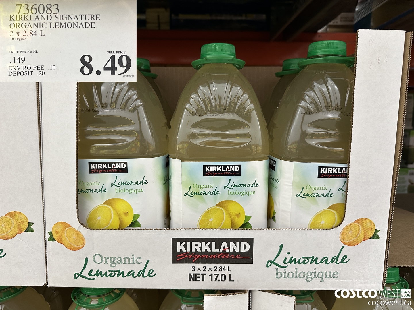 736083 KIRKLAND SIGNATURE ORGANIC LEMONADE 2 X 2.84 L $8.49