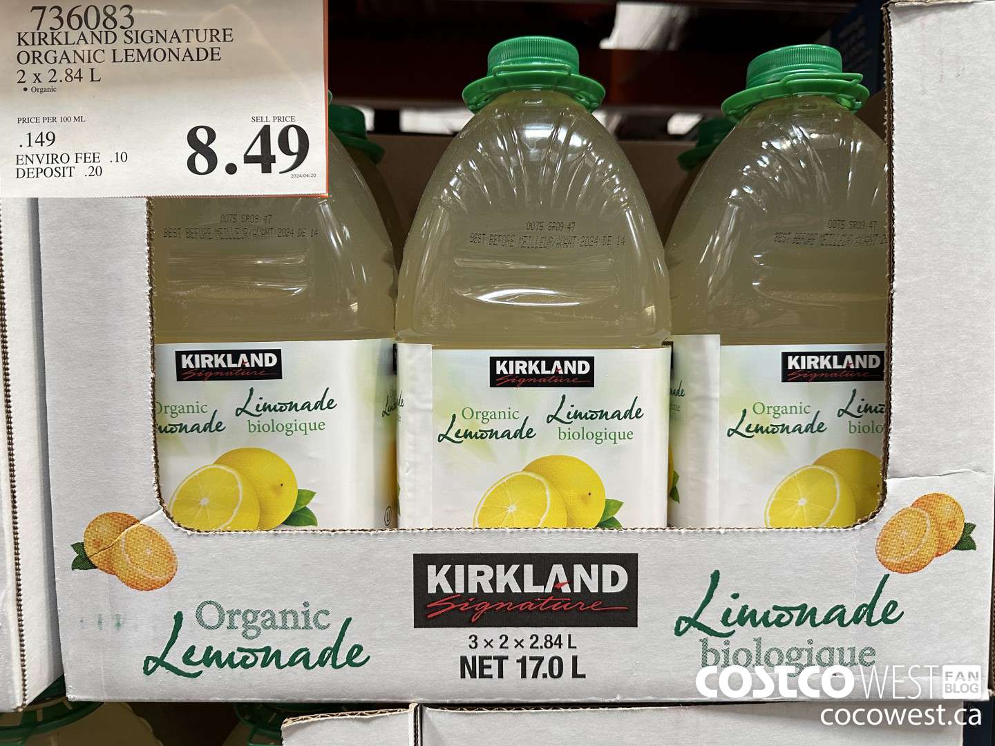 736083 KIRKLAND SIGNATURE ORGANIC LEMONADE 2 X 2.84 L $8.49