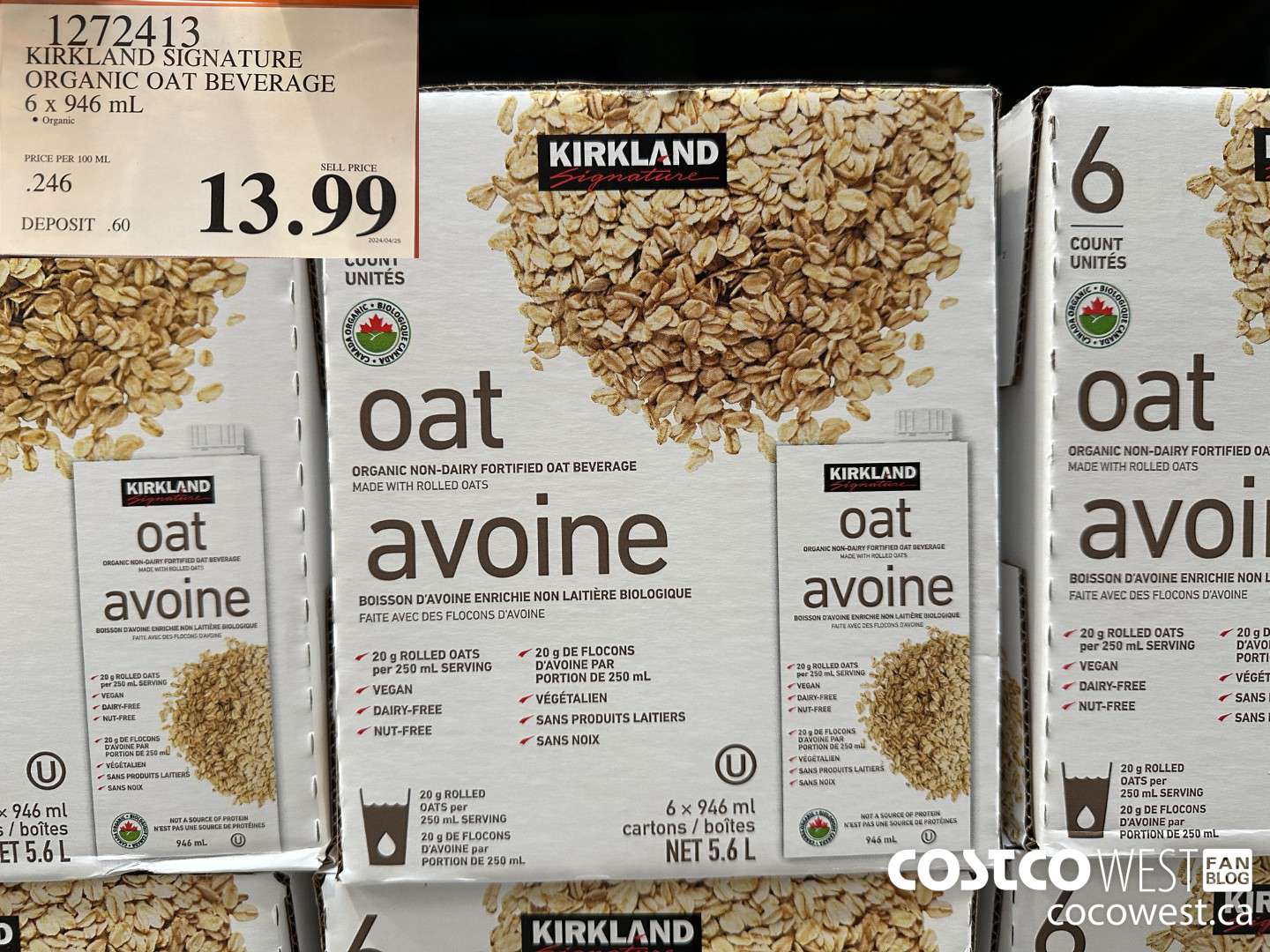 1272413 KIRKLAND SIGNATURE ORGANIC OAT BEVERAGE 6 x 946 mL  $13.99