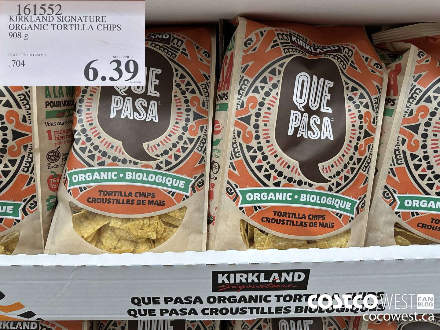 161552 KIRKLAND SIGNATURE ORGANIC TORTILLA CHIPS 908 G $6.39