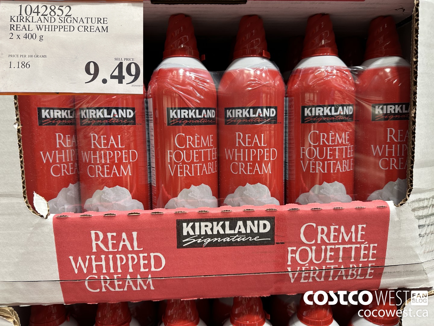 1042852 KIRKLAND SIGNATURE REAL WHIPPED CREAM 2 x 400 g $9.49