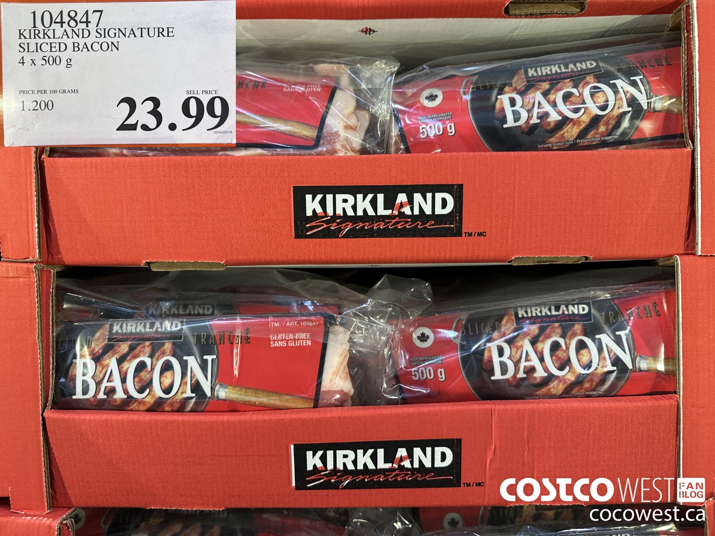 104847 KIRKLAND SIGNATURE SLICED BACON 4 x 500 g $23.99