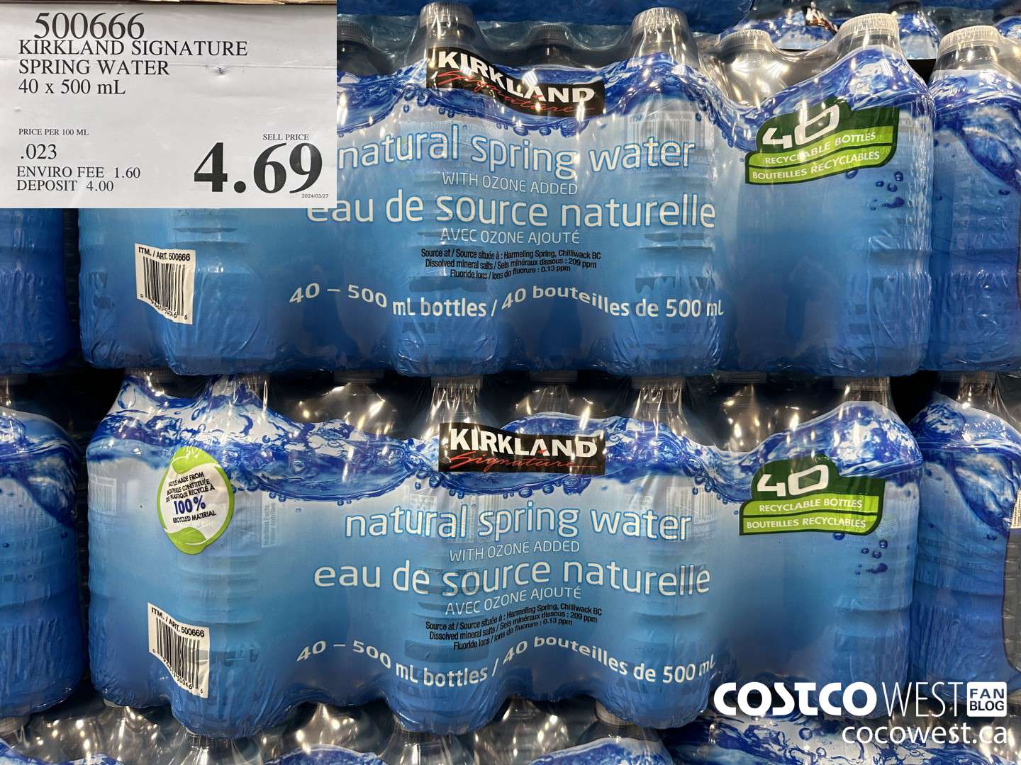 500666 KIRKLAND SIGNATURE SPRING WATER 40 x 500 mL $4.69