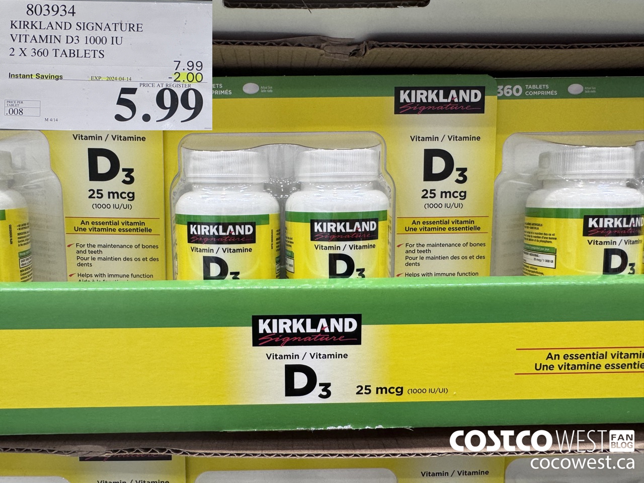 803934 KIRKLAND SIGNATURE VITAMIN D3 1000 IU 2 X 360 TABLETS ($2.00 INSTANT SAVINGS EXPIRES ON 2024-04-14) $5.99