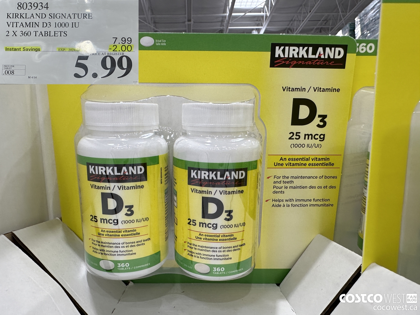 803934 KIRKLAND SIGNATURE VITAMIN D3 1000 IU 2 X 360 TABLETS ($2.00 INSTANT SAVINGS EXPIRES ON 2024-04-14) $5.99