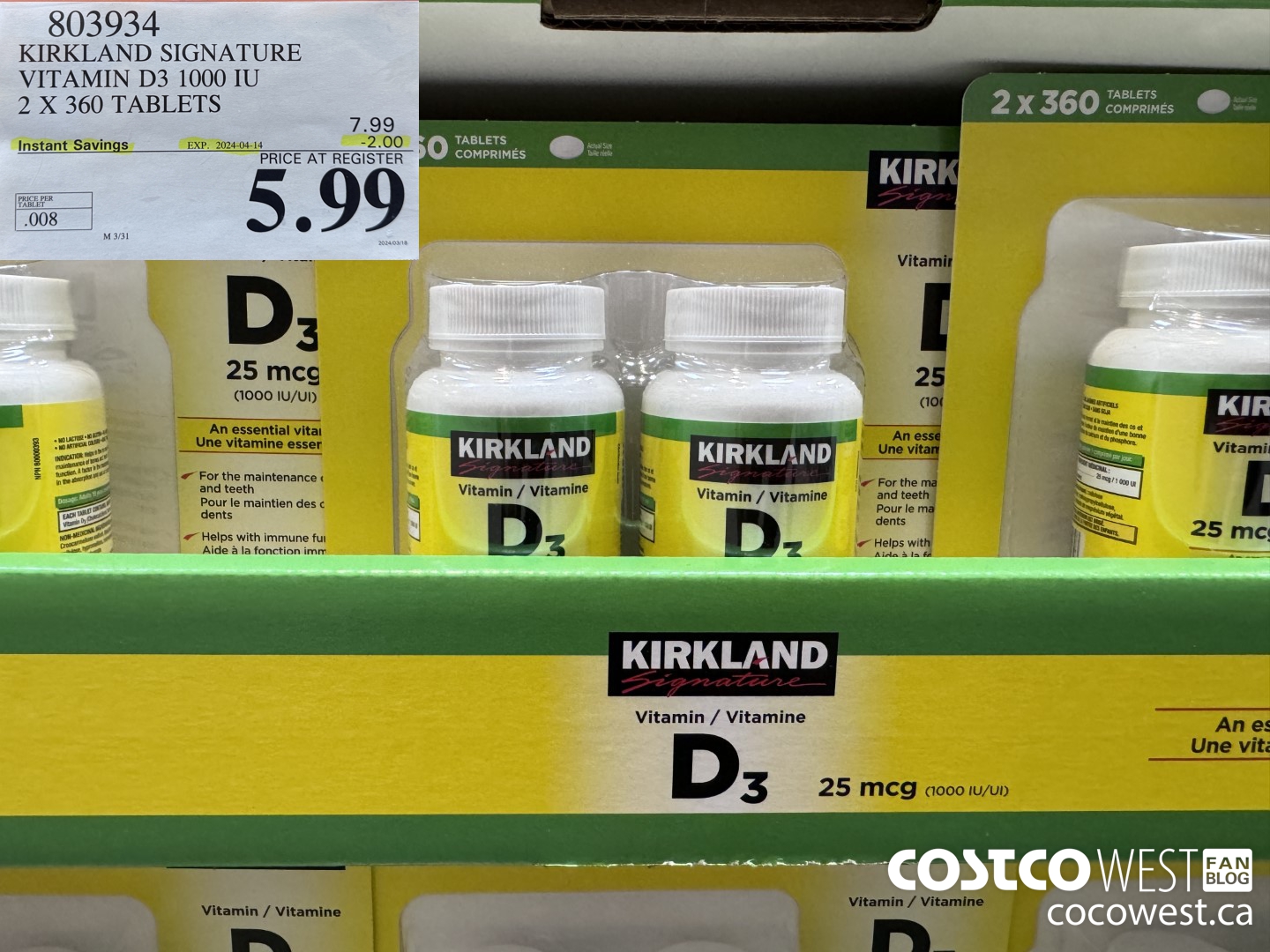 803934 KIRKLAND SIGNATURE VITAMIN D3 1000 IU 2 X 360 TABLETS ($2.00 INSTANT SAVINGS EXPIRES ON 2024-04-14) $5.99