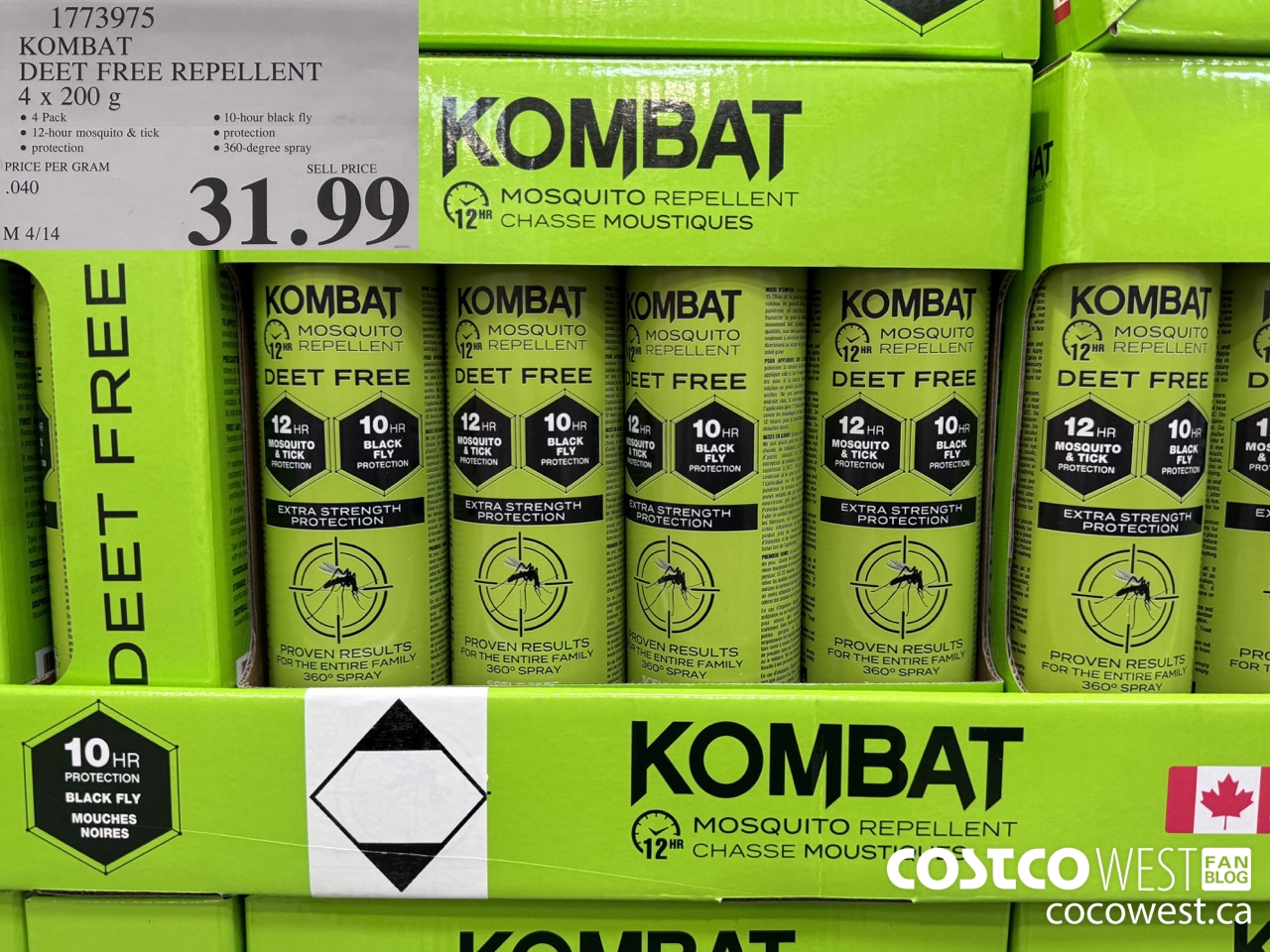 1773975 KOMBAT DEET FREE REPELLENT 4 x 200 g $31.99