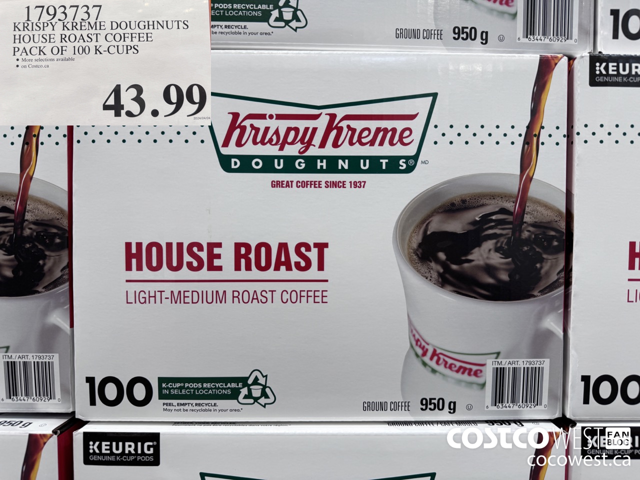 1793737 KRISPY KREME DOUGHNUTS HOUSE ROAST COFFEE PACK OF 100 K-CUPS $43.99