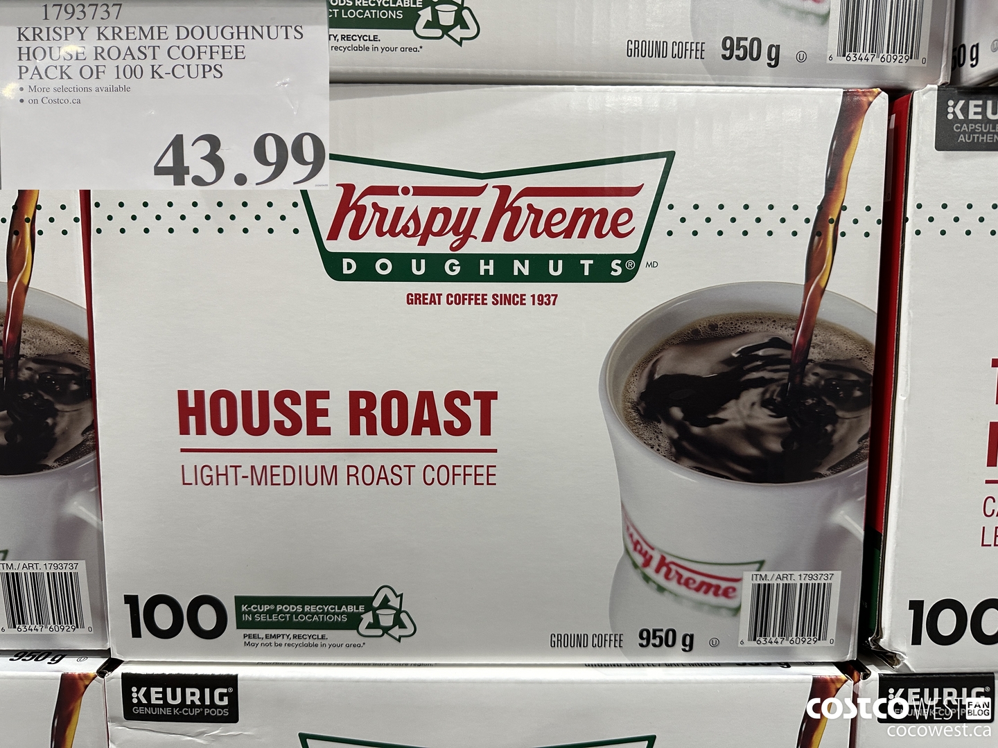 1793737 KRISPY KREME DOUGHNUTS HOUSE ROAST COFFEE PACK OF 100 K-CUPS $43.99