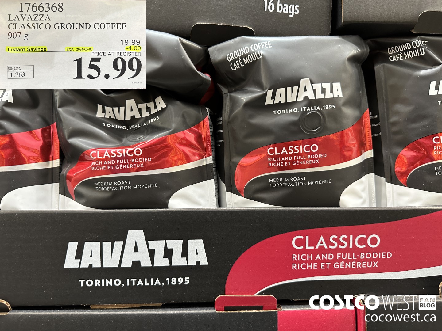 1766368 LAVAZZA CLASSICO GROUND COFFEE 907G ($4.00 INSTANT SAVINGS EXPIRES ON 2024-05-05) $15.99