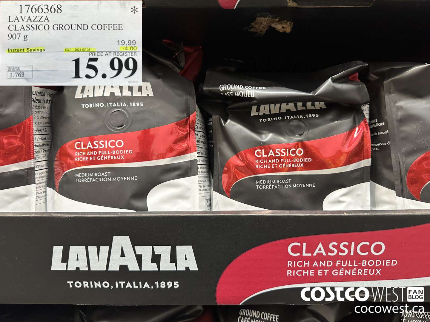 1766368 LAVAZZA CLASSICO GROUND COFFEE 907G ($4.00 INSTANT SAVINGS EXPIRES ON 2024-05-05) $15.99