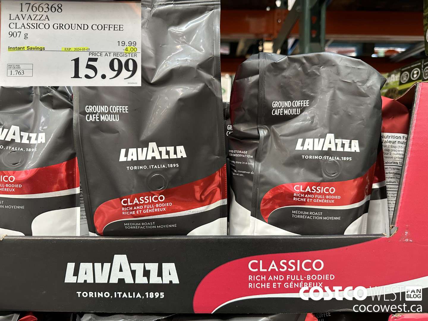 1766368 LAVAZZA CLASSICO GROUND COFFEE 907G ($4.00 INSTANT SAVINGS EXPIRES ON 2024-05-05) $15.99