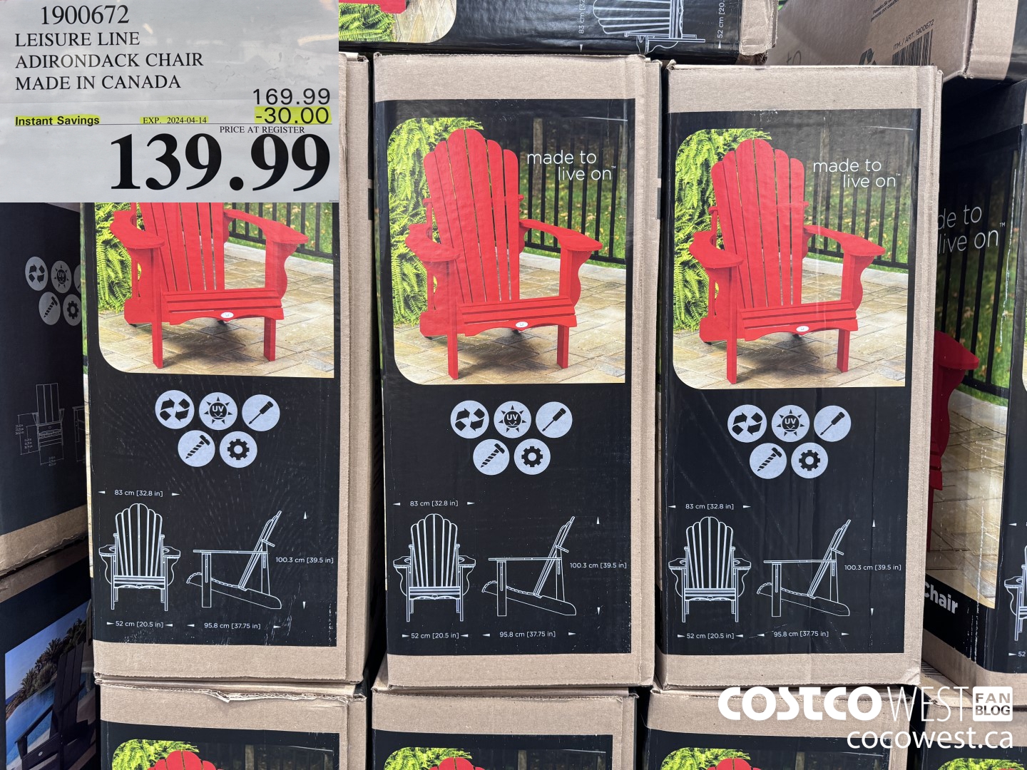 1900672 LEISURE LINE ADIRONDACK CHAIR MADE IN CANADA ($30.00 INSTANT SAVINGS EXPIRES ON 2024-04-14) $139.99