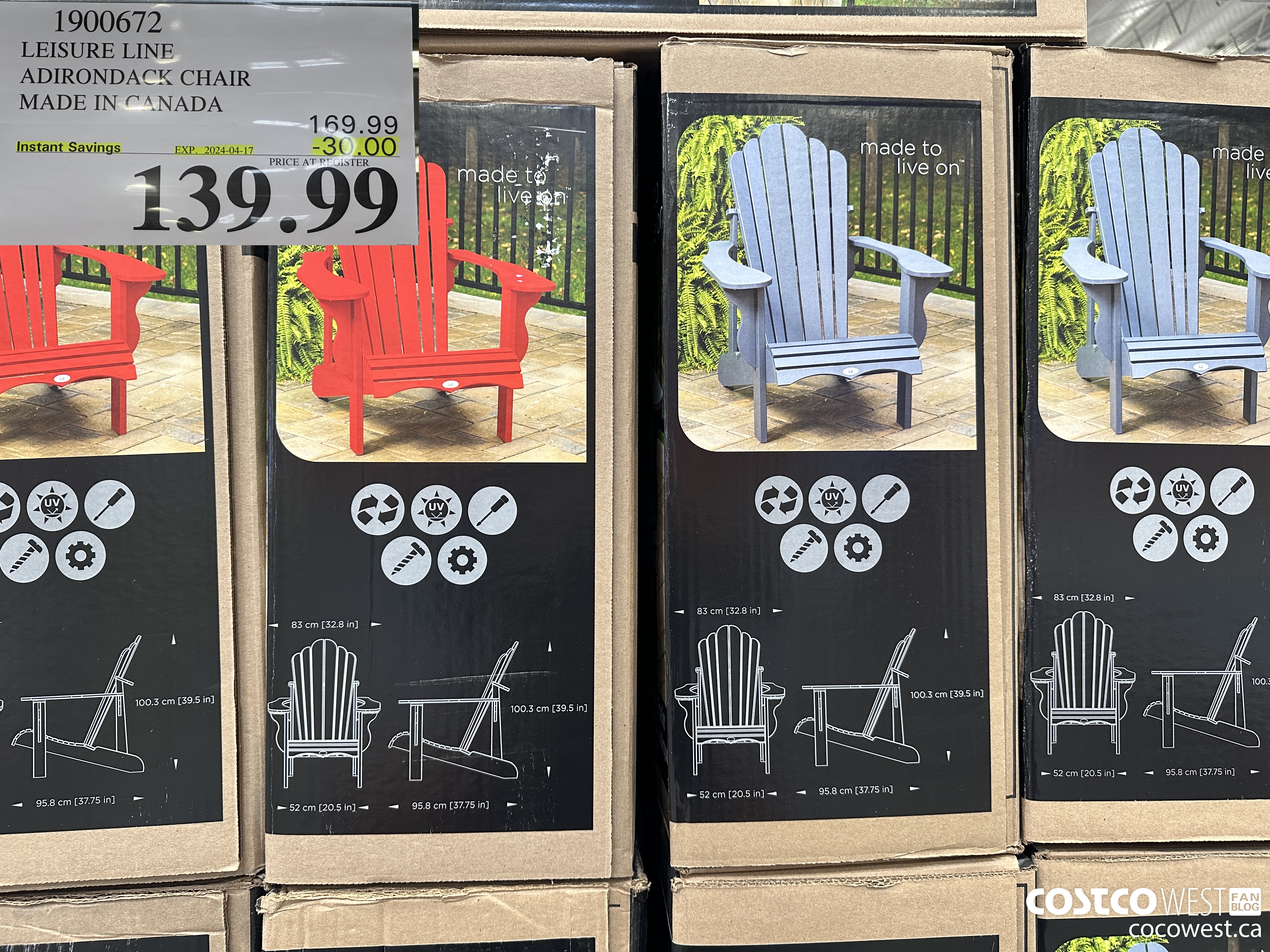 1900672 LEISURE LINE ADIRONDACK CHAIR MADE IN CANADA ($30.00 INSTANT SAVINGS EXPIRES ON 2024-04-17) $139.99