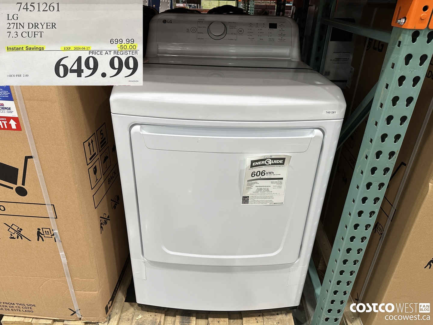 7451261 LG 27IN 7.3 CU. FT DRYER ($50.00 INSTANT SAVINGS EXPIRES ON 2024-04-17) $649.99