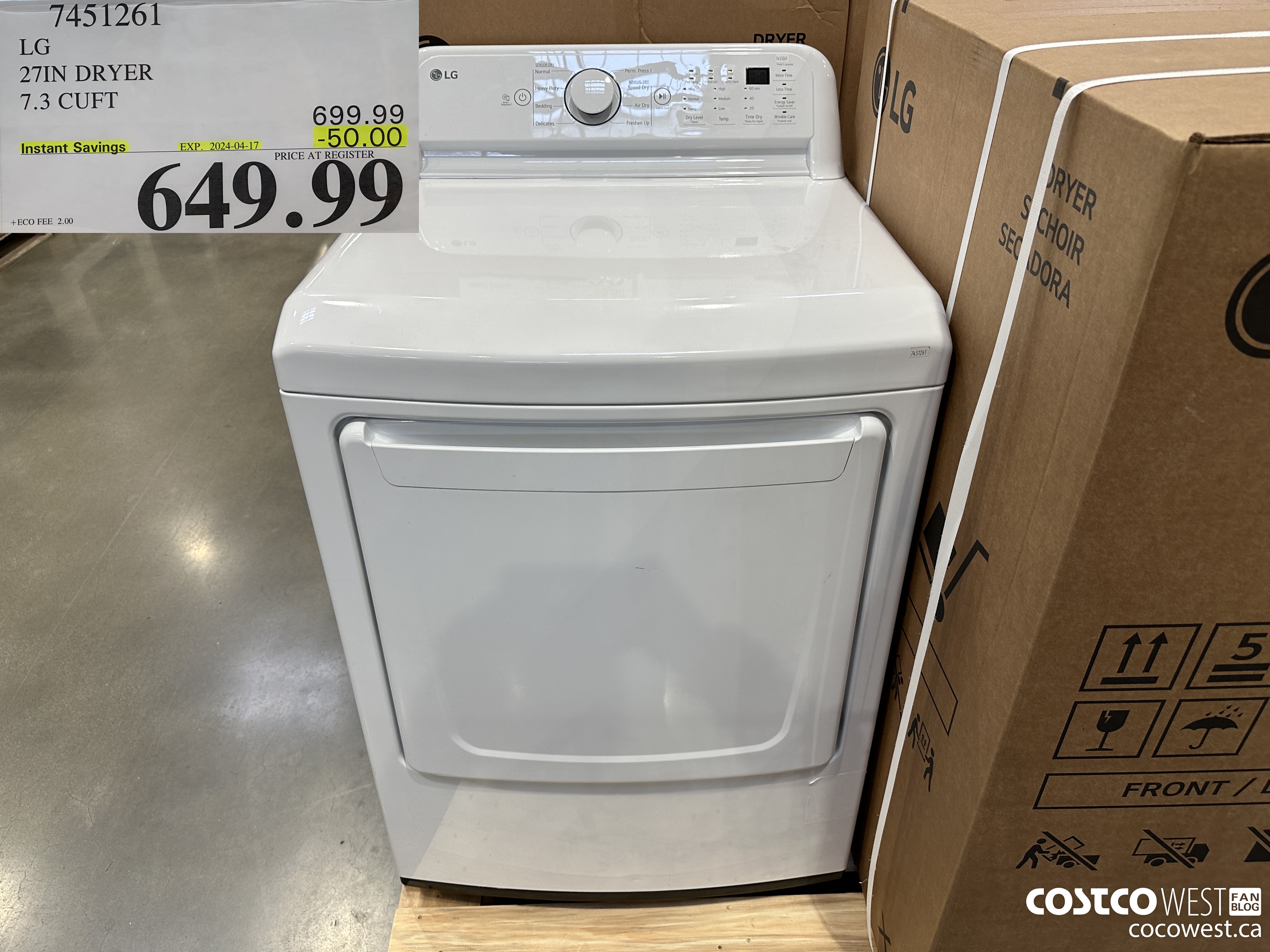 7451261 LG 27IN 7.3 CU. FT DRYER ($50.00 INSTANT SAVINGS EXPIRES ON 2024-04-17) $649.99