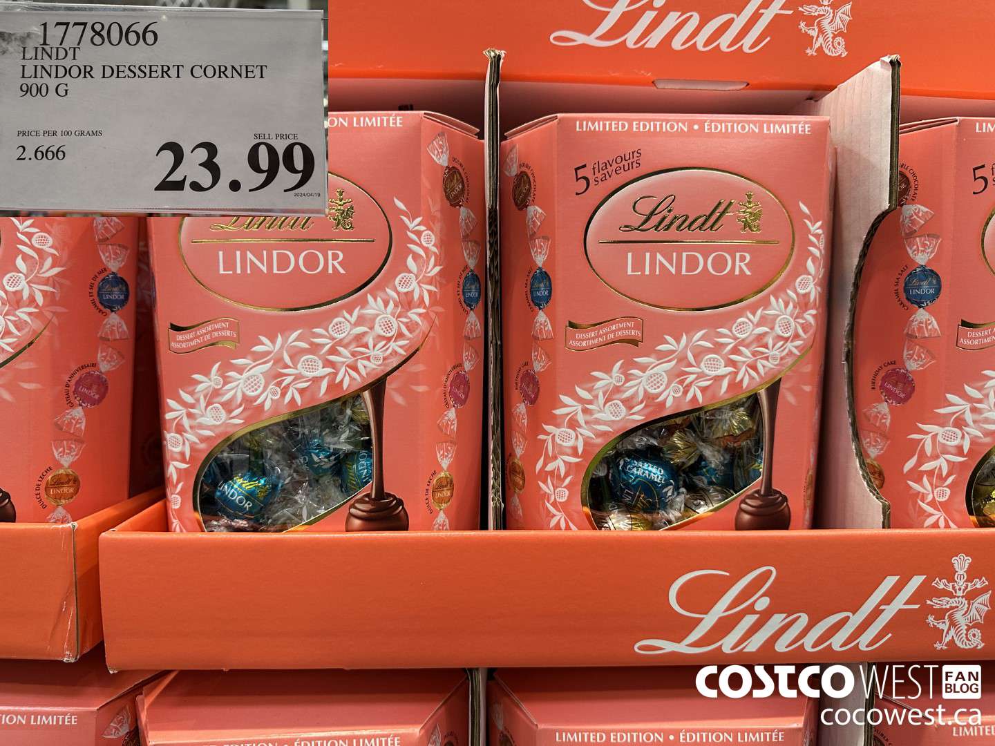 1778066 LINDT LINDOR DESSERT CORNET 900G $23.99