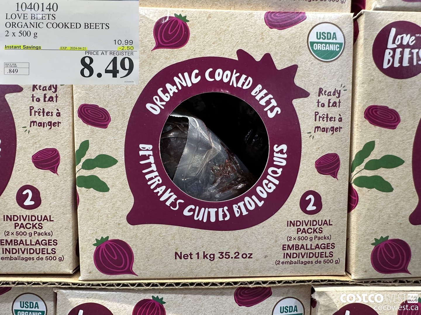 1040140 LOVE BEETS ORGANIC COOKED BEETS 2 x 500g ($2.50 INSTANT SAVINGS EXPIRES ON 2024-04-21) $8.49