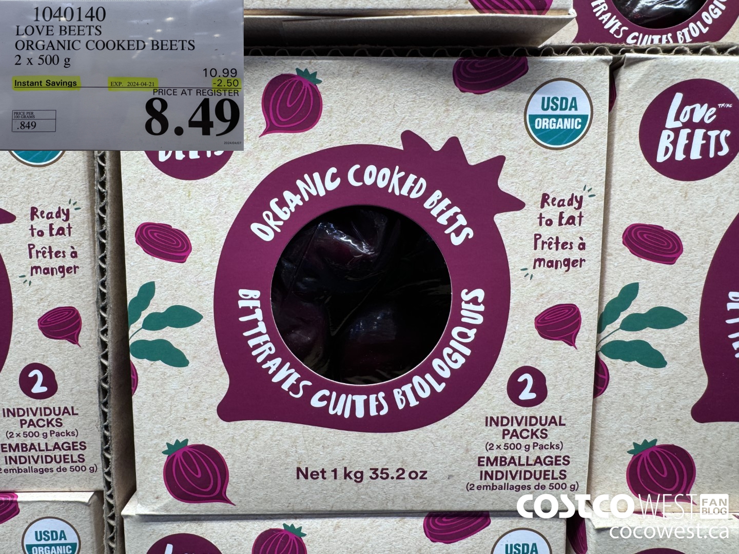 1040140 LOVE BEETS ORGANIC COOKED BEETS 2 x 500g ($2.50 INSTANT SAVINGS EXPIRES ON 2024-04-21) $8.49