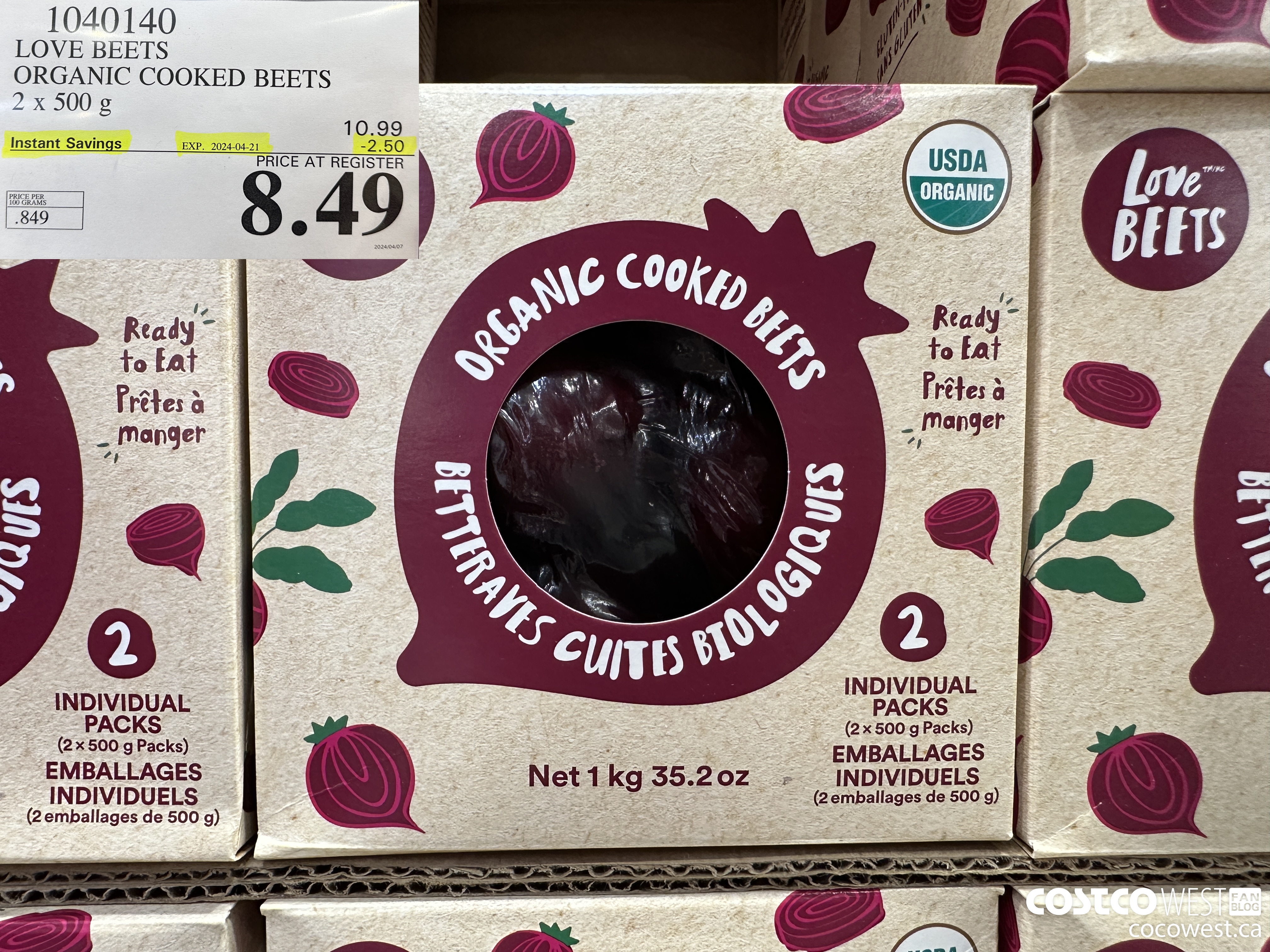 1040140 LOVE BEETS ORGANIC COOKED BEETS 2 x 500g ($2.50 INSTANT SAVINGS EXPIRES ON 2024-04-21) $8.49